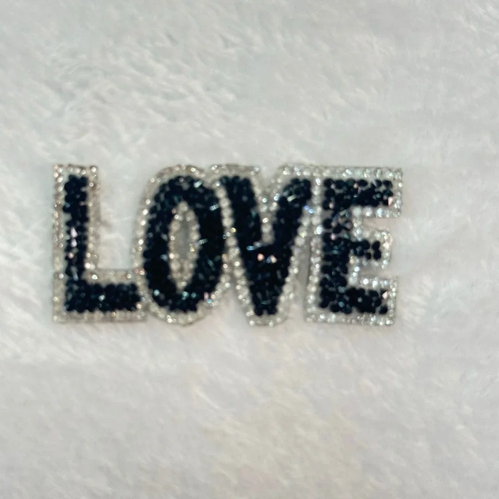 Rhinestone LOVE Patch OS Black Clear Crystal Iron On Applique DIY